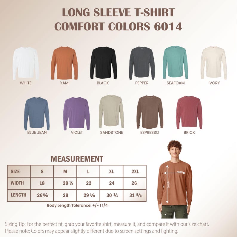 May include: A product image showcasing a variety of long-sleeve t-shirts in various colors, including white, yam, black, and blue jean. The image also includes a size chart with measurements in inches for width and length, ranging from size S to 2XL.