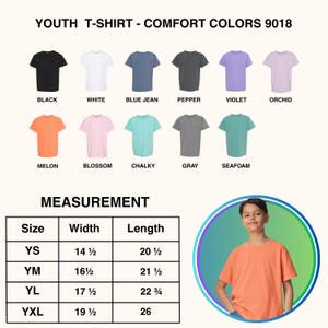May include: A selection of youth t-shirts in various colors, including black, white, blue jean, pepper, violet, orchid, melon, blossom, chalky, gray, and seafoam. Measurements are provided for sizes YS, YM, YL, and YXL. A boy is wearing a melon-colored t-shirt.