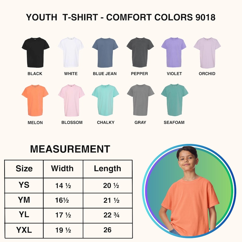 May include: A selection of youth t-shirts in various colors, including black, white, blue jean, pepper, violet, orchid, melon, blossom, chalky, gray, and seafoam. Measurements are provided for sizes YS, YM, YL, and YXL. A boy is wearing a melon-colored t-shirt.