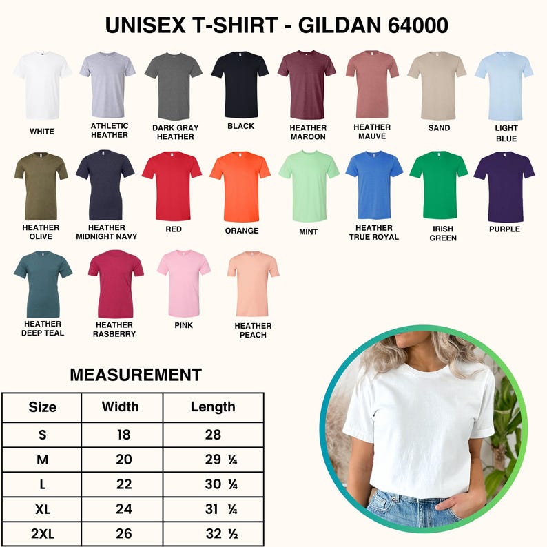 May include: A variety of Gildan 64000 unisex t-shirts in various colors, including white, black, and heather gray. The image also includes a measurement chart with sizes ranging from S to 2XL, with widths from 18 to 26 inches and lengths from 28 to 32 1/2 inches.