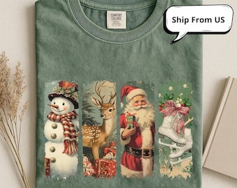 Vintage Christmas T-Shirt; Retro Santa Snowman Reindeer Holiday Graphic Tee