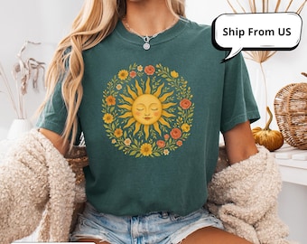 Boho Sun T-Shirt, Floral Celestial Tee, Comfort Colors