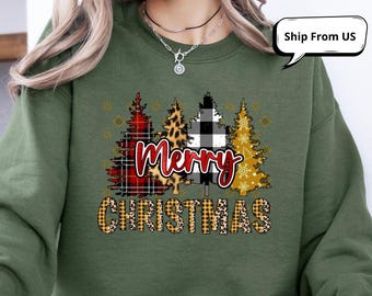 Merry Christmas Buffalo Plaid Tree Sweatshirt: Festive Holiday Leopard Plaid Graphic Hoodie