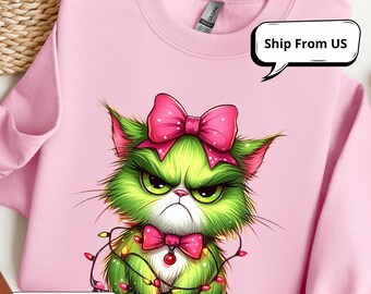 Grumpy Green Cat Christmas Sweatshirt: Funny Holiday Hoodie