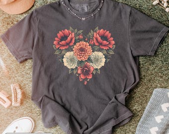 Pressed Flower Heart Tee: Vintage Floral Print on Comfort Colors Shirt