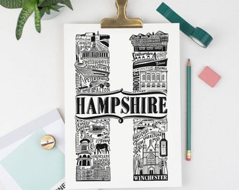 Unframed Hampshire print - housewarming present - Hampshire poster - Hampshire gifts - Monochrome type print - graduation gift UK