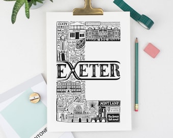 Exeter unframed Print - Easter gift - Exeter University - Exeter Gift - Anniversary paper gift - Wedding gifts for friends