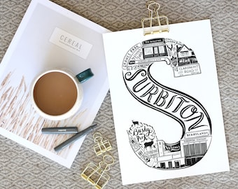 Surbiton print  - London print - London poster - Surbiton gift - London Art - Typographic Print - London gift - Graduation Hamper