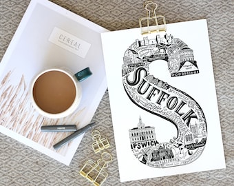 Suffolk print - housewarming present - Suffolk poster - Suffolk gifts - Monochrome type print- gift for him