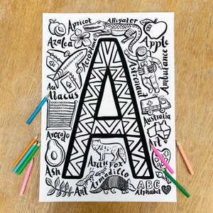 Affiche à colorier - Lettre A - Choses commençant par la lettre A - Coloriage conscient - Livre de coloriage - École à domicile - Feuilles à colorier