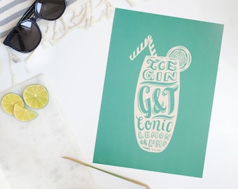 Gin and Tonic Print - G&T - Stampa cocktail - Arredamento cucina - Galleria wall art - Regalo Happy Hour - Stampa cibo e bevande - poster cocktail