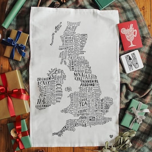 Britische Inseln Food Map Geschirrtuch - Geschenke für Feinschmecker - Küchen Geschenke - Sommer Geschenk UK - Geschenk für Freunde - Sommer BBQ - 100% Baumwolle Geschirrtuch