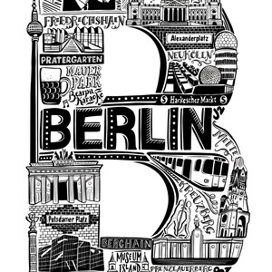May include: Black and white illustration of the city of Berlin, Germany. The illustration is in the shape of the letter "B" and includes landmarks such as the Brandenburg Gate, the Reichstag Building, and the Berlin Wall.