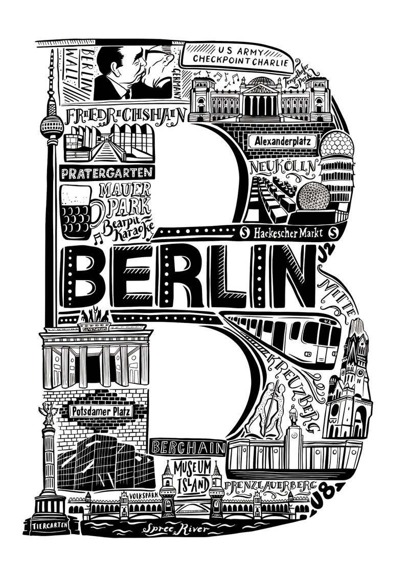May include: Black and white illustration of the city of Berlin, Germany. The illustration is in the shape of the letter "B" and includes landmarks such as the Brandenburg Gate, the Reichstag Building, and the Berlin Wall.