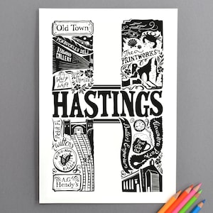 Impressão de Hastings - Arte Britânica - Impressão tipográfica - arte de letras - arte de parede - sem moldura - presente de formatura Reino Unido - Presente para irmã