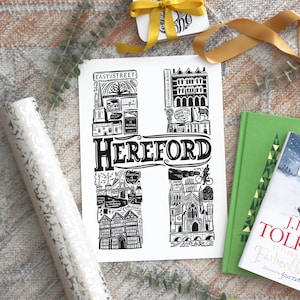 Unframed Hereford print - housewarming present - Hereford poster - Hereford gifts - Monochrome type print - graduation gift UK