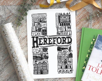 Unframed Hereford print - housewarming present - Hereford poster - Hereford gifts - Monochrome type print - graduation gift UK