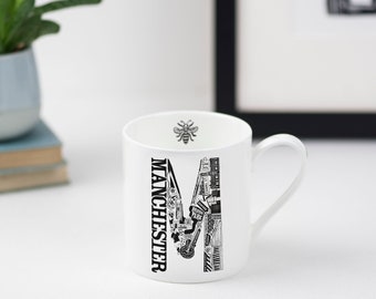 Manchester Bone China Mug - Manchester gift - UK gift - Manchester Souvenir - Graduation print - Illustrated Mug - Manchester Uni