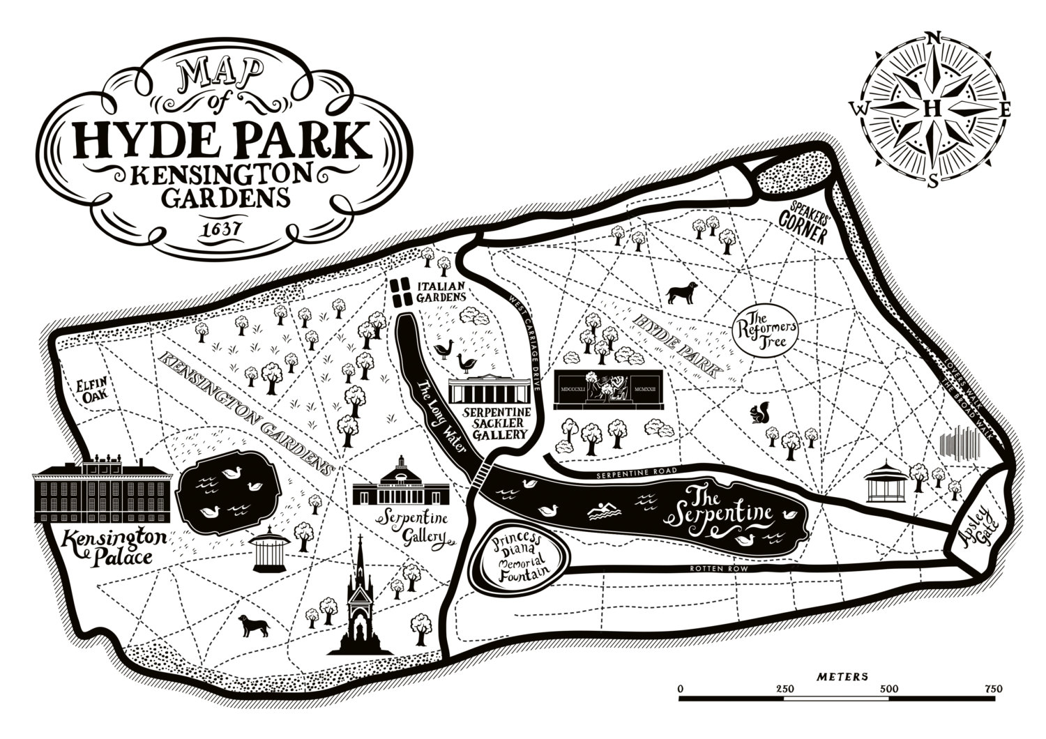 Hyde Park and Kensington Gardens Map Print London Map Etsy UK