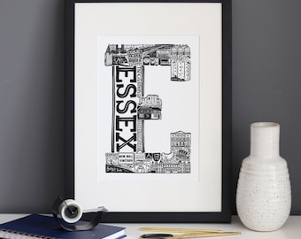 Essex print - Essex wall art - Anniversary paper gift - Essex poster - Essex map - Essex gift - Typographic Print - letter art