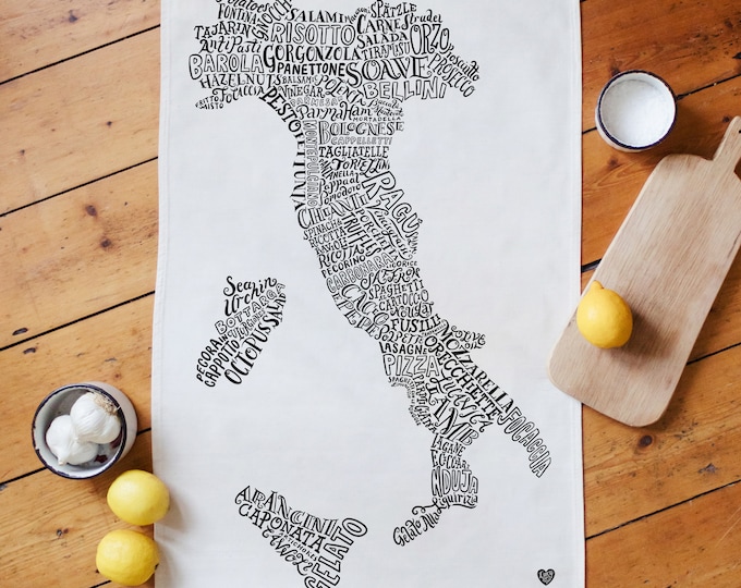 Italian Food Map Tea Towel  - Gifts for Foodie - Kitchen Gifts- Easter gift UK - Gift for sister - Summer BBQ UK - 100% Cotton Tea Towel