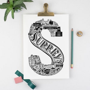 Unframed Surrey Print - City illustration - Surrey art - Housewarming gift - Travel poster - wall art - graduation gift UK for mum