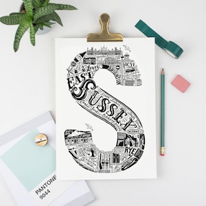 Impressão sem moldura de East Sussex - Ilustração da cidade - Arte de East Sussex - Presente de inauguração - Pôster de viagem - arte de parede - Presente para graduados