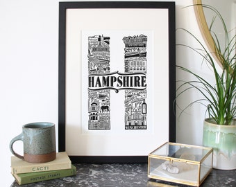 Framed Hampshire print - housewarming present - Hampshire poster - Hampshire gifts - Monochrome type print - graduation gift UK