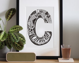 Cornwall Print- letter C print - British Art - Typographic Print - letter art- graduation gift UK - Gift for sister