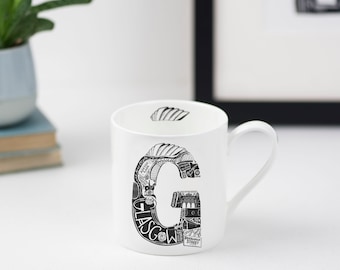 Glasgow Bone China Mug - Glasgow gift - UK gift - Glasgow Souvenir - Impresión de graduación - Taza ilustrada - Té - Glasgow Uni Gift
