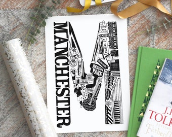 Unframed Manchester Print- Manchester Gift- University of Manchester- wedding Anniversary gift - Anniversary paper gift- monochrome wall art