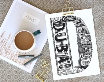 Dubai print - Anniversary paper gift - Dubai poster - Dubai gifts - Typographic print - Dubai map - travel poster - Dubai skyline