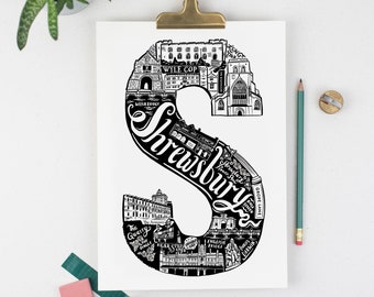 Unframed Shrewsbury Print - City illustration - Shrewsbury art- Housewarming gift - Travel poster - wall art - graduation gift UK for mum