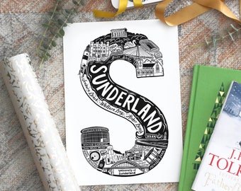 Unframed Sunderland Print - City illustration - Sunderland art- Housewarming gift - Sunderland graduation gift - graduation Gift for sister