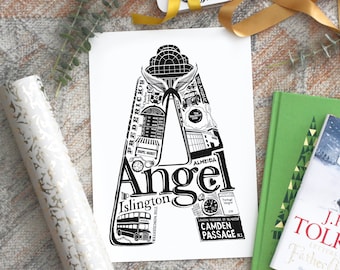 Angel Islington print - London print - Angel housewarming - Wedding Gift - Typographic Print - letter art - North London poster