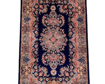 Handmade Persian Style Carpet | Navy Blue Floral Medallion Rug | Hand-Knotted Traditional Oriental Area Rug