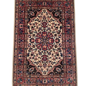 Handgefertigter Persischer Wollteppich | Creme & Burgunder Blumenmedaillon Teppich | Traditioneller Orientteppich