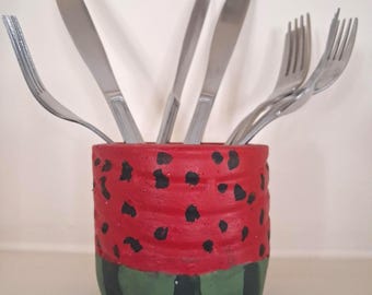 Hand-Painted Watermelon Concrete Utensil Holder