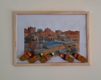 Décoration murale en béton | Art de l'étagère | Soulagement des chaussons marocains colorés | technique mixte