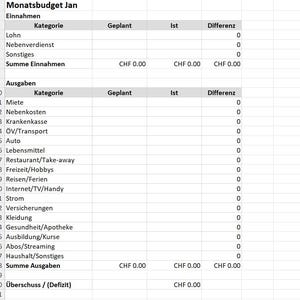 May include: A spreadsheet titled "Monatsbudget Jan" in German, detailing income and expenses. Categories include "Lohn," "Miete," and others, with columns for "Geplant," "Ist," and "Differenz." The spreadsheet shows financial planning.