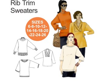 EASY Sweater sewing pattern. Rib Trim Sweaters. Boat Neck Sweater. Wrap Sweater. Funnel Neck Sweater. Fall sewing. Plus size pattern.