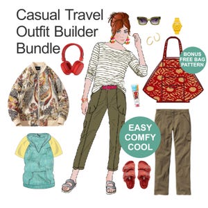 May include: An illustration of a casual travel outfit bundle. The image includes a patterned bomber jacket, a striped shirt, olive green pants, a red tote bag, a blue hoodie, and red headphones. The text reads "Casual Travel Outfit Builder Bundle."