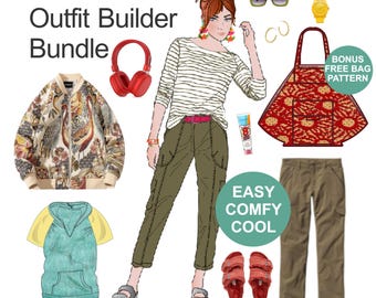 Bundel met naaipatroon reisoutfit: jas, hoodie, cargobroek (maten 6-26)