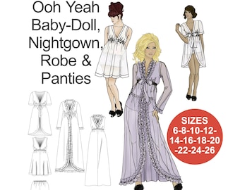Retro Sewing Pattern for Baby Doll Nightgown Robe & Panties. Digital PDF Pattern. Sizes 6-26.