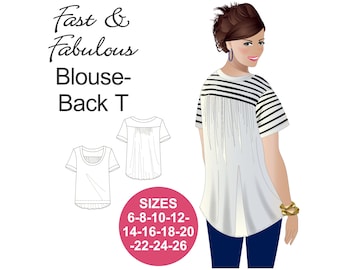 Naaipatroon T-shirt blouse achterkant: hoge zoom, grote maten (digitale download)
