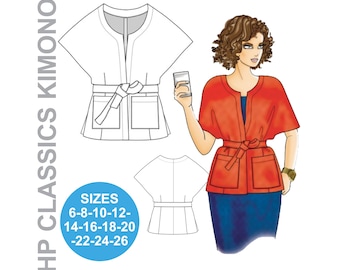 May include: A sewing pattern for a kimono-style top with a tie belt and pockets. The pattern is available in sizes 6-8, 10-12, 14-16, 18-20, 22-24, and 26.