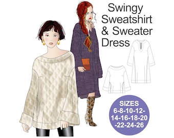 SWEATSHIRT DRESS sewing pattern. Sweatshirt pattern. Sweatshirt Dress pattern. Long sleeve sweatshirt dress. Easy-to-sew. Plus size.