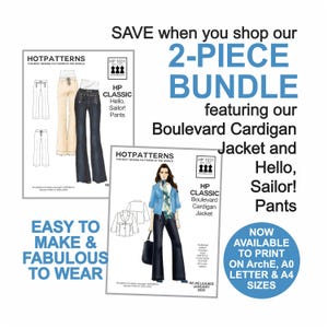 Puede incluir: Imagen promocional de patrones de costura. La imagen presenta dos paquetes de patrones con ilustraciones de pantalones y una chaqueta. El texto incluye "2-PIECE BUNDLE" y "Hello, Sailor! Pants". El texto también dice "Easy to Make & Fabulous to Wear".