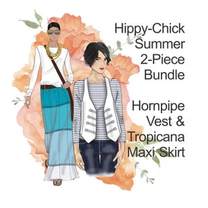 May include: Hippy-Chick Summer 2-Piece Bundle: Hornpipe Vest & Tropicana Maxi Skirt.  A white vest with a striped shirt underneath and a long blue and white maxi skirt.