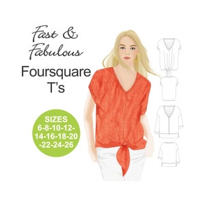 EASY T-shirt sewing pattern. Foursquare T&#39;s. Tie front T. V-neck T. Long sleeve T. 3/4 sleeve T. Cap sleeve T. Plus size T-shirt pattern.